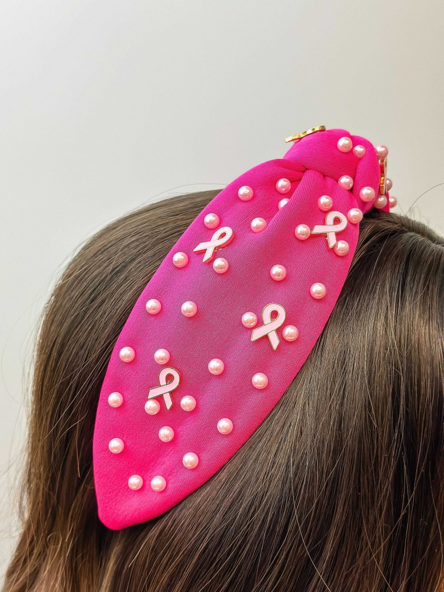 Accessories Prep Obsessed JS Headbands | Enamel Pink Ribbon & Pearl Embellished Headband - Fuchsia