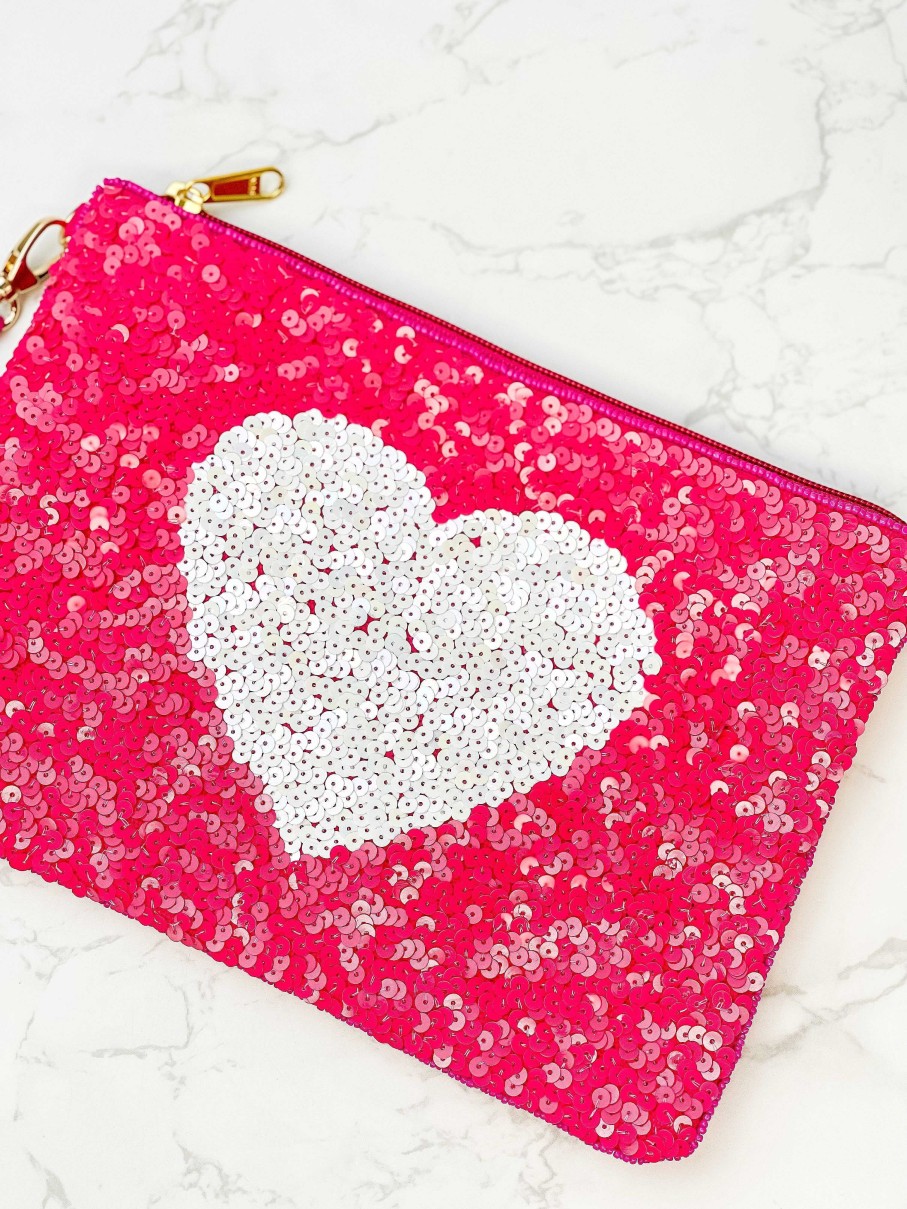 Accessories Prep Obsessed TI Wristlets & Clutches | Sequin Heart Wristlet - Hot Pink