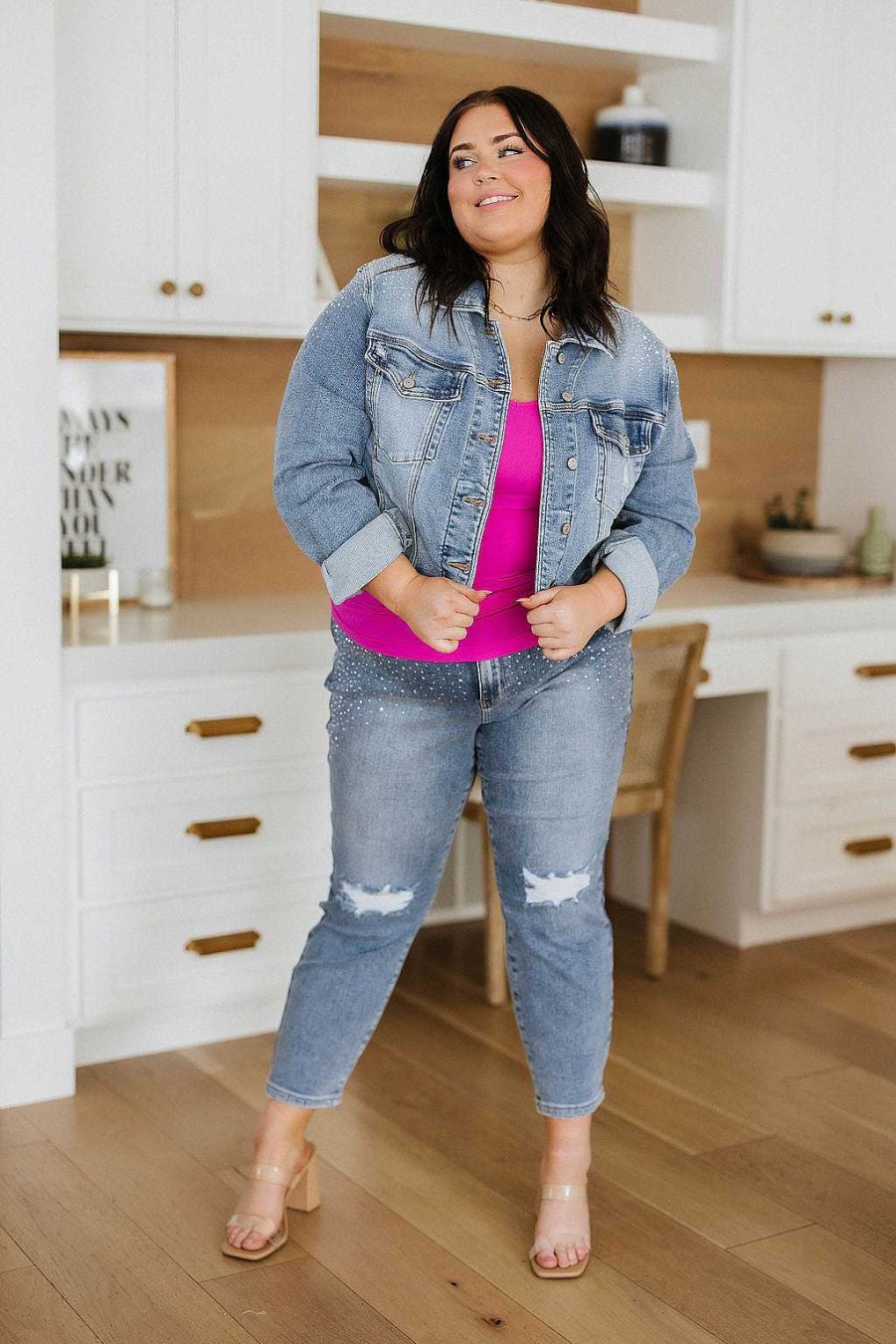 Clothing Ave Shops Denim | Reese Rhinestone Denim Jacket By Judy Blue