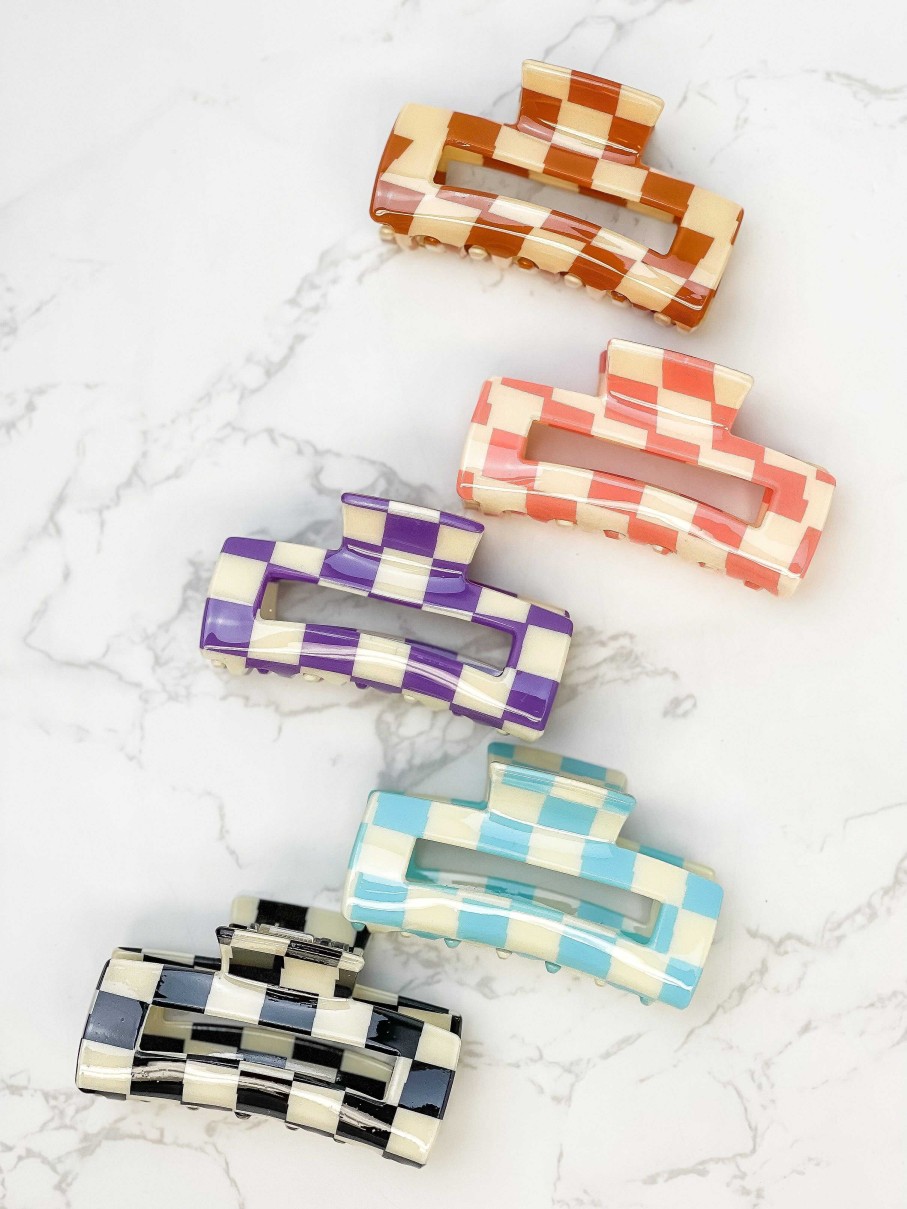 Accessories Prep Obsessed GS Hair Ties & Clips | Retro Checker Square Claw Clip - Coral