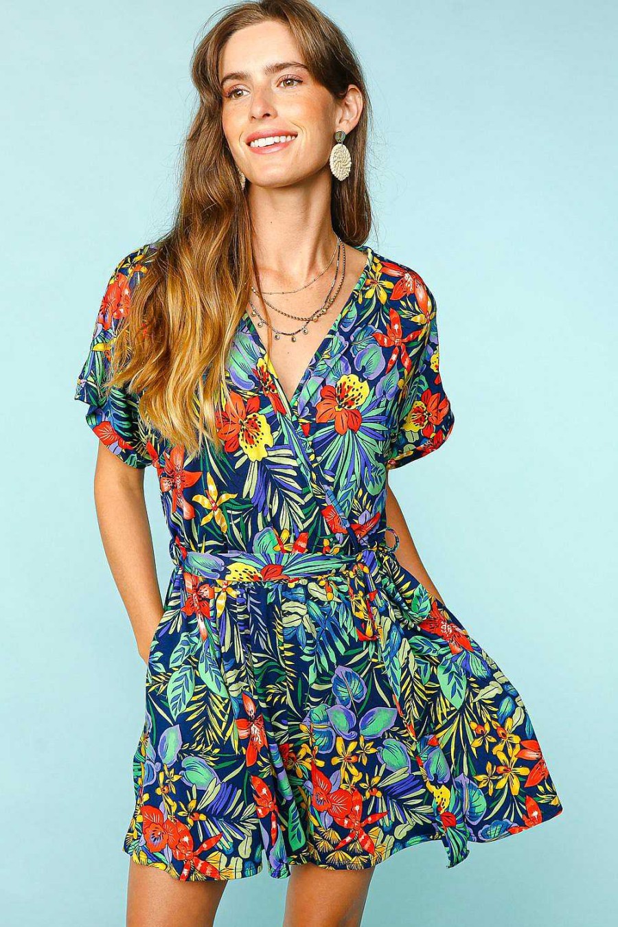 Clothing Haptics Rompers & Jumpsuits | Lucie Dolman Sleeve Flair Romper - Navy Rainforest