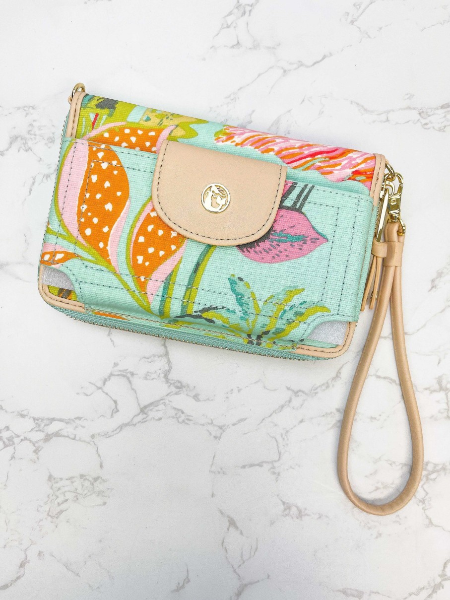 Accessories Spartina Wristlets & Clutches | Queenie Tropical Floral Sea Foam Multi-Phone Wallet Wristlet By Spartina