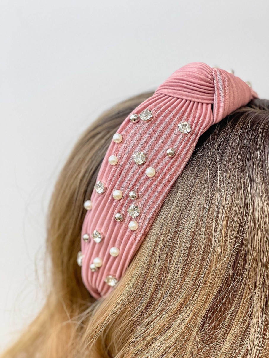 Accessories Prep Obsessed TL Headbands | Top Knot Pearl & Rhinestone Pleated Headband - Pink