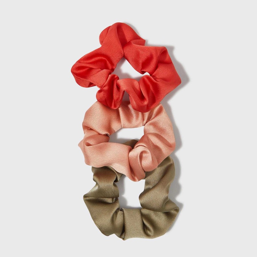 Accessories Kitsch Hair Ties & Clips | Holiday Ornament Satin Scrunchies Set - Pinksettia