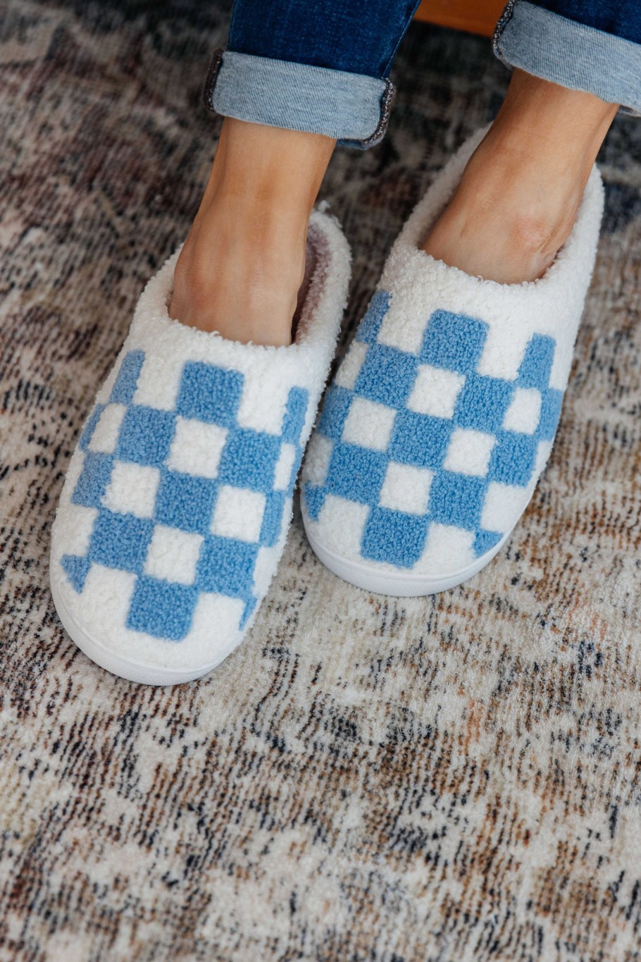 Shoes Ave Shops | Checked Out Slippers In Blue - 12/4