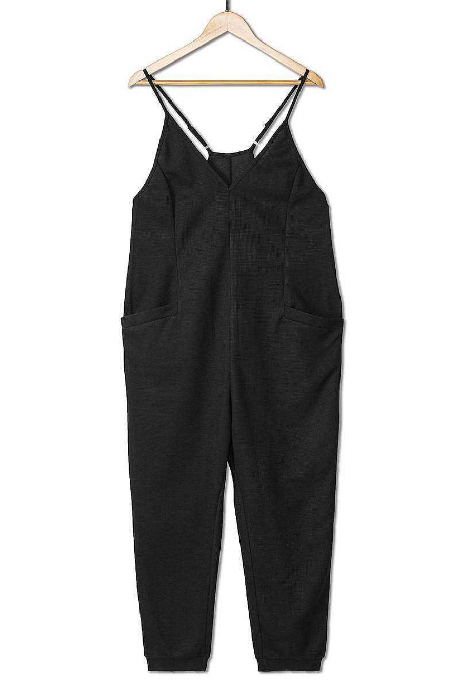 Clothing Kiwidrop Rompers & Jumpsuits | Final Sale: Textured Sleeveless V-Neck Pocketed Jumpsuit Black