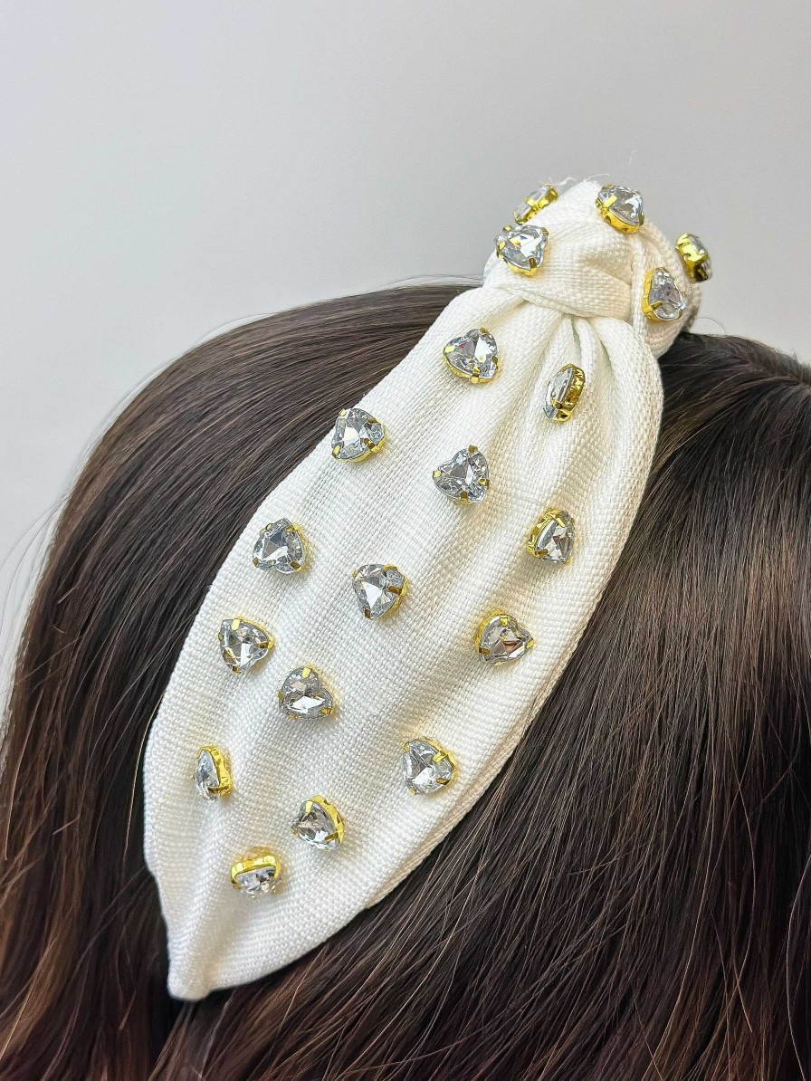 Accessories Prep Obsessed TL Headbands | Jewel Hearts Embellished Headband - White